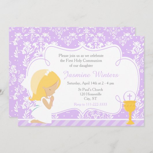 Blond meisje eerste communie damast kaart (Voorkant / Achterkant)