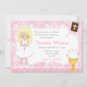 Blond meisje eerste communie damast kaart (Voorkant)