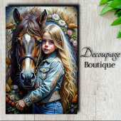 Blond meisje en bruin paard Denim Bloemen Decoupag Tissuepapier