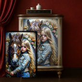 Blond meisje en bruin paard Denim Bloemen Decoupag Tissuepapier