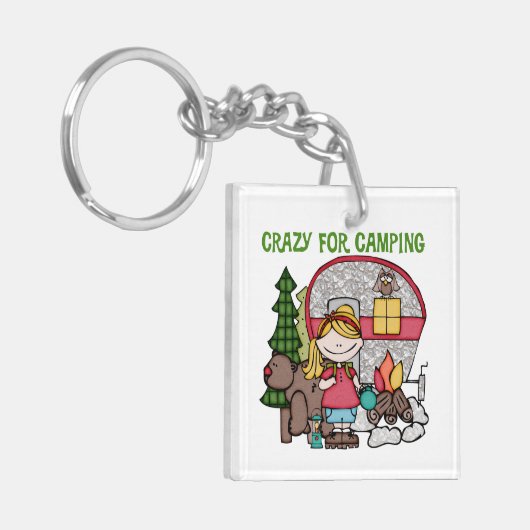 Blond Meisje Gek voor het Kamperen Sleutelhanger (Voorkant Links)