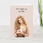 Blond meisje hart gloeilamp oplichten mijn leven kaart (Voorkant)