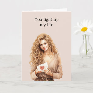 Blond meisje hart gloeilamp oplichten mijn leven kaart