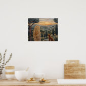 Blond meisje ,hond, wandelen, zonsondergang, berge poster (Keuken)