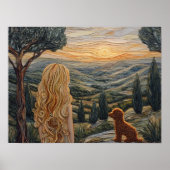Blond meisje ,hond, wandelen, zonsondergang, berge poster (Voorkant)