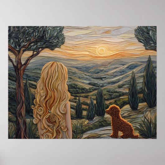 Blond meisje ,hond, wandelen, zonsondergang, berge poster (Voorkant)