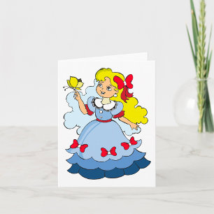 Blond meisje in blauwe prinsessenjurk met vlinder kaart