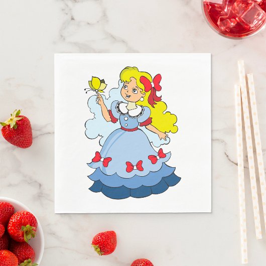 Blond meisje in blauwe prinsessenjurk met vlinder servet