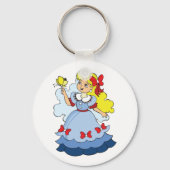 Blond meisje in blauwe prinsessenjurk met vlinder sleutelhanger (Achterkant)