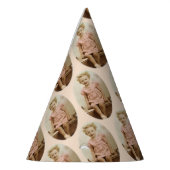  blond meisje in roze jurk pet feesthoedjes (Links)