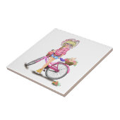Blond meisje keramiek tegel met roze fiets tegeltje (Zijkant)