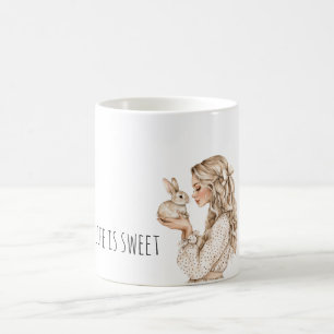 Blond meisje konijn leven is zoet koffiemok