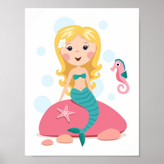 Blond meisje met cartoon van zeepaardvis poster (Voorkant)