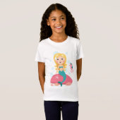 Blond meisje met cartoon van zeepaardvis t-shirt (Voorkant volledig)