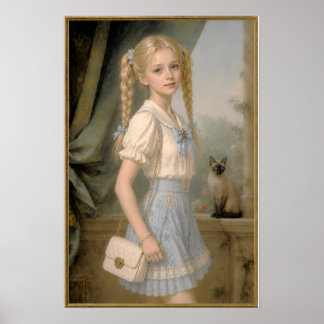Blond meisje met een Siamese kat Poster
