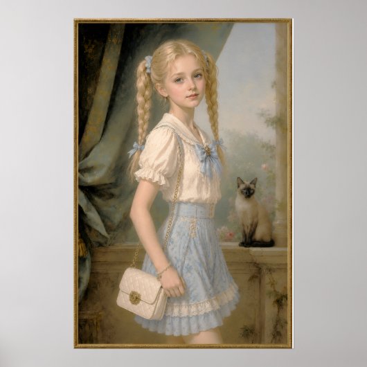 Blond meisje met een Siamese kat Poster (Voorkant)