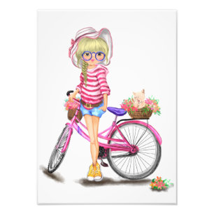 Blond Meisje met Roze Fiets Fotoprint Foto Afdruk