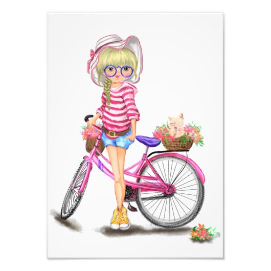 Blond Meisje met Roze Fiets Fotoprint Foto Afdruk (Voorkant)