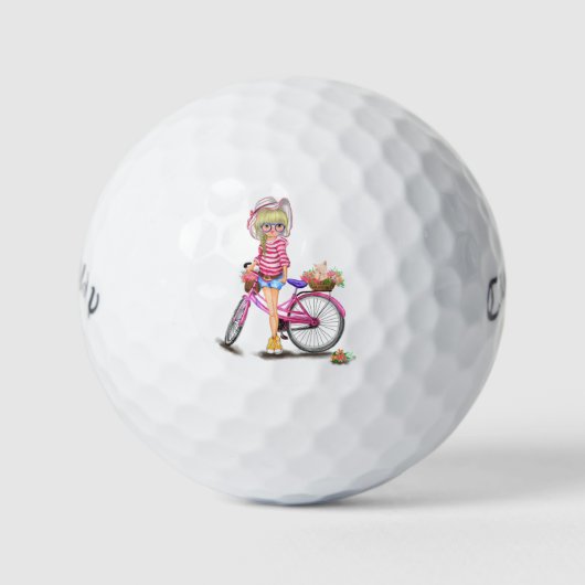 Blond Meisje Met Roze Fiets Golf Ballen (Voorkant)