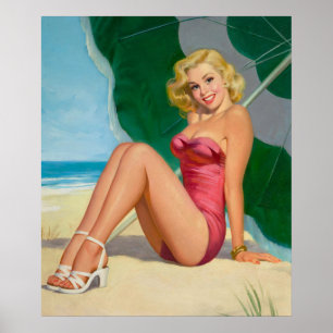 Blond Meisje Onder Strand Paraplu Pin Up Poster