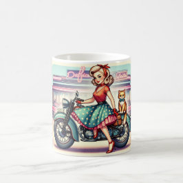 Blond meisje op een fiets met haar gember kat pin- koffiemok
