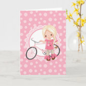 Blond meisje op fiets - Roze wit Kaart (Gele Bloem)