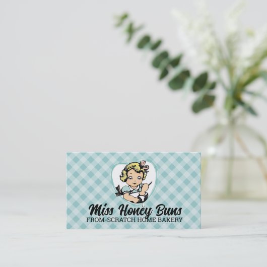  blond meisje roeren beslag bakkerij koken visitekaartje (Staand voorkant)