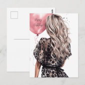 Blond meisje rug roze ballon luipaard jurk briefkaart (Voorkant / Achterkant)