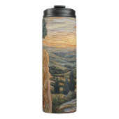 Blond meisje, wandelende bergen zonsondergang met thermosbeker (Voorkant)