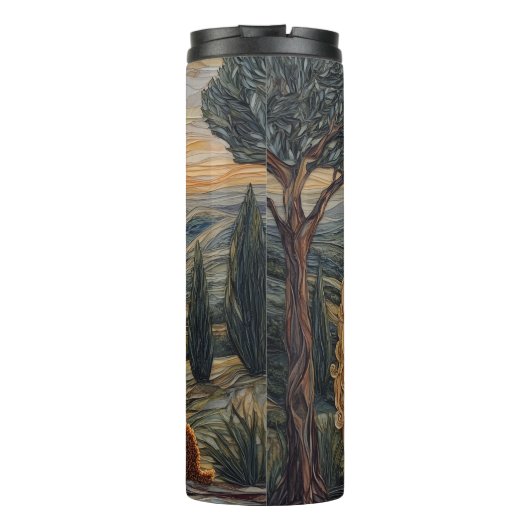 Blond meisje, wandelende bergen zonsondergang met  thermosbeker (Achterkant)