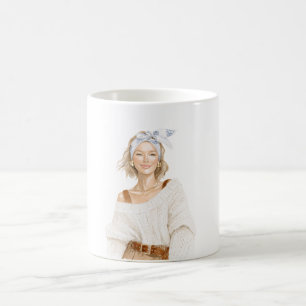 Blond meisje witte trui koffiemok