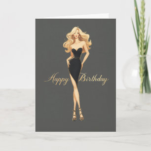 Blond meisje Zwarte jurk Glam Fashionista Verjaard Kaart