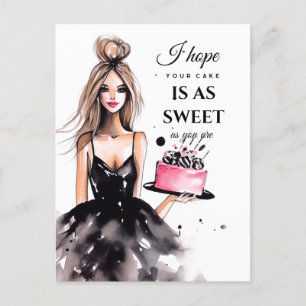 Blond meisje zwarte jurk verjaardagstaart aquarel briefkaart