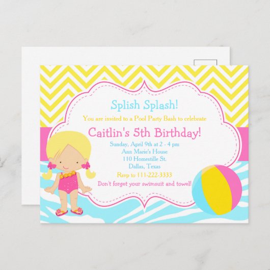 Blond meisje zwembadfeest bash-partij briefkaart (Voorkant / Achterkant)