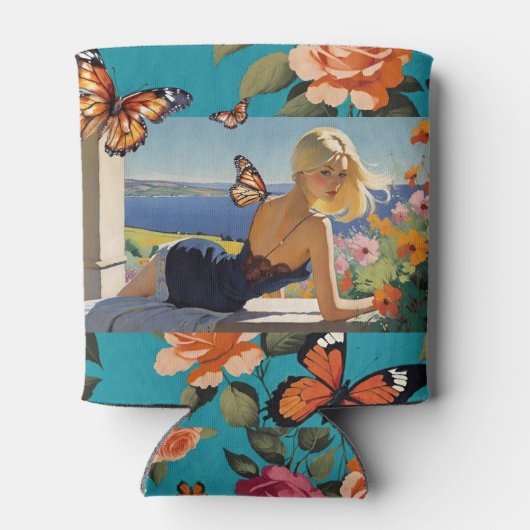 Blond Meisjes Monarch Vlinders Bloemen Paradijs Blikjeskoeler (Achterkant)