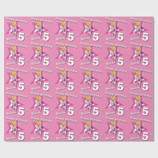 Blond meisjes roze gepersonaliseerd 5e verjaardag  cadeaupapier (Vlak)