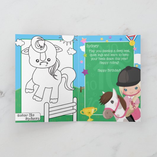 Blond Meisjes Ruitersport Kleurplaat Verjaardag Kaart (Binnen)