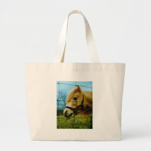 Blond miniatuur Pony/Horse Blue Sky Grote Tote Bag