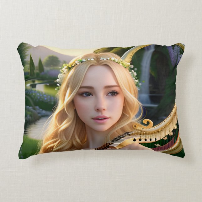 Blond Mooie Muse Spelen Een Harp Accent Kussen (Voorkant)