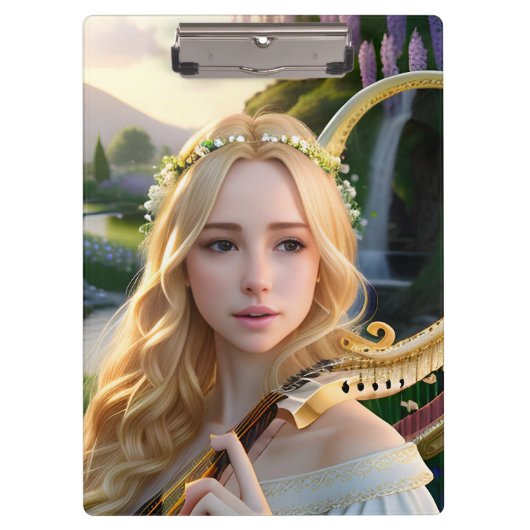 Blond Mooie Muse Spelen Een Harp Klembord (Voorkant)