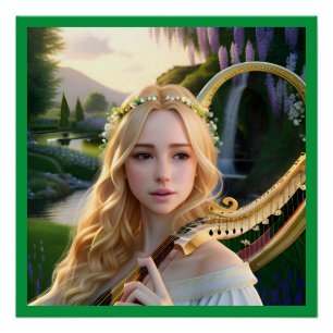Blond Mooie Muse Spelen Een Harp Perfect Poster