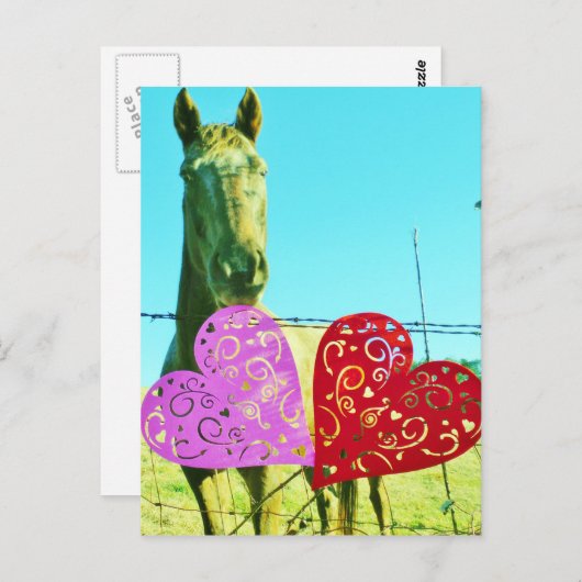 Blond paard en roze en rood hart briefkaart (Voorkant / Achterkant)