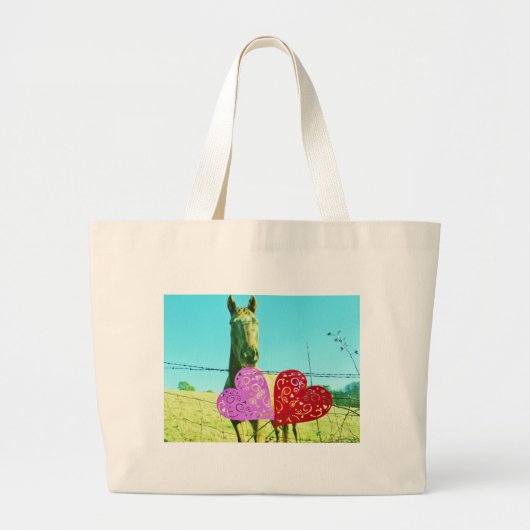 Blond paard en roze en rood hart grote tote bag (Voorkant)