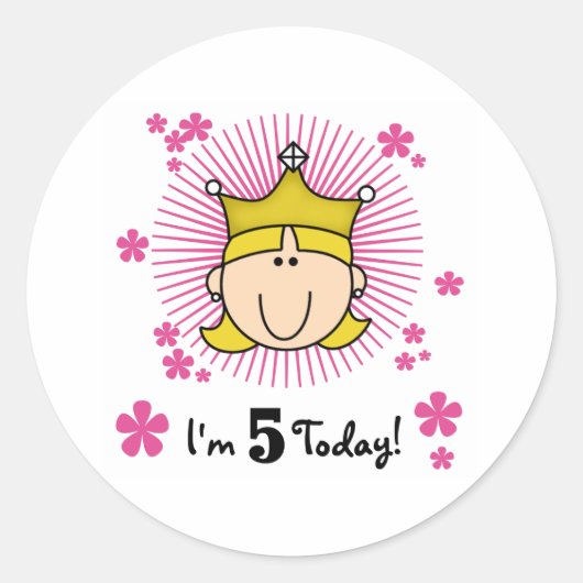Blond Prinses 5e Verjaardag Ronde Sticker (Voorkant)