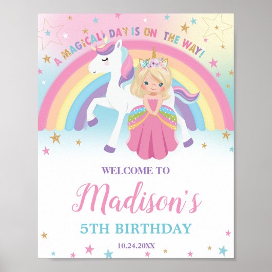 Blond Prinses Eenhoorn Verjaardag Regenboog Welkom Poster (Voorkant)