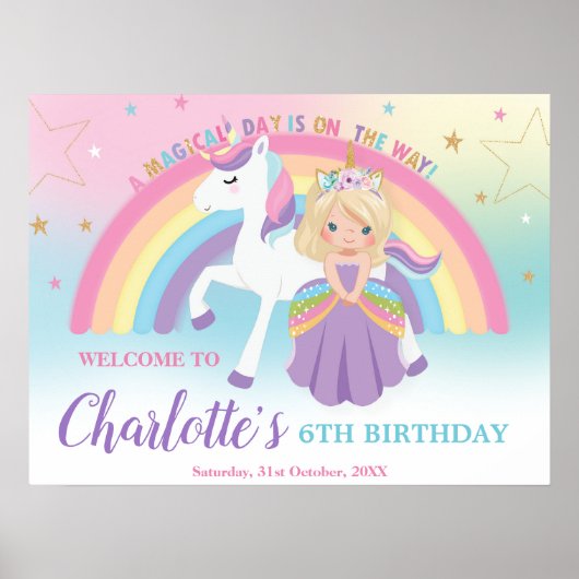Blond Prinses Eenhoorn Verjaardag Regenboog Welkom Poster (Voorkant)