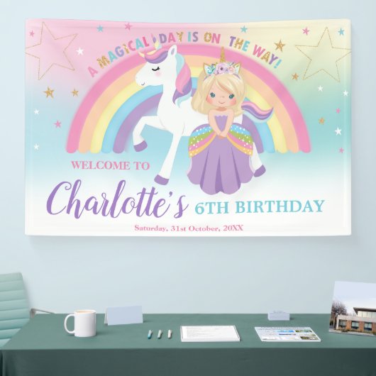 Blond Prinses Eenhoorn Verjaardag Regenboog Welkom Spandoek (Beurs)