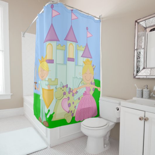 Blond prinses, prins, draak, Castle Fairytale Douchegordijn (In situ)