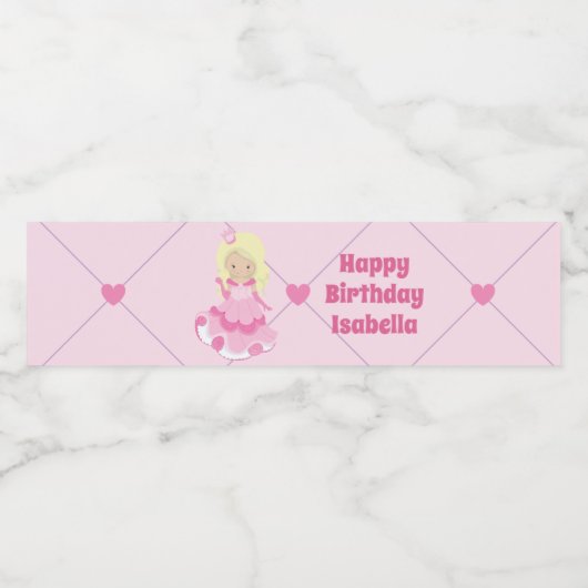 Blond Prinses Schattige Custom Roze Verjaardagsfee Waterfles Etiket (Enkel label)