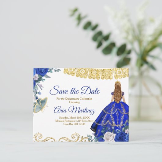 Blond Quinceañera 15 Anos Blauw Save the Date Bedankkaart (Staand voorkant)